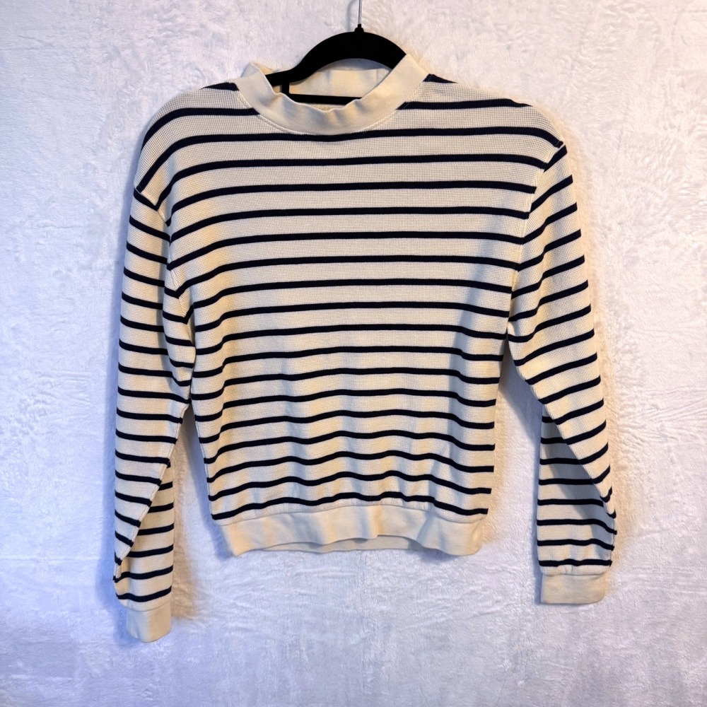 ABLE Women‎ XS Cream Navy Blue Striped Waffle Knit Mock Neck Cotton Pullover Top